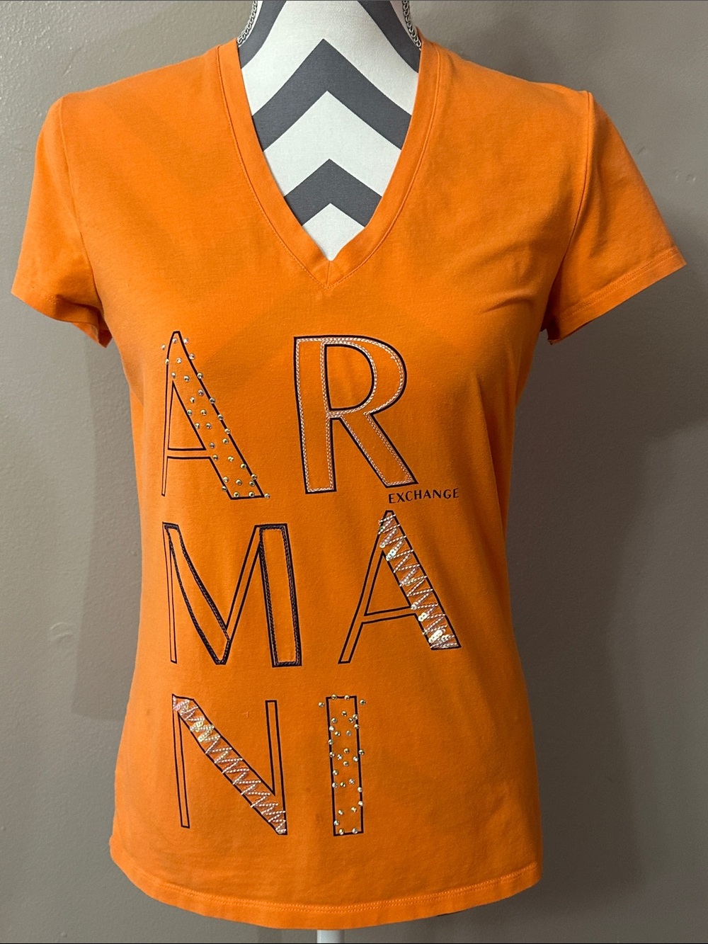 Y2K Armani Exchange Medium Orange V-Neck Rhinestone Beaded Vintage